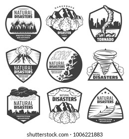 Vintage monochrome natural disaster labels set with wildfire landslide avalanche tornado volcano eruption thunderstorm rainfall flood isolated vector illustration