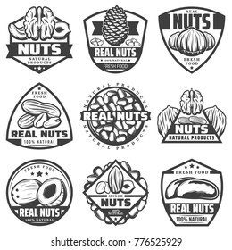 Vintage monochrome natural nuts labels set with walnut pecan hazelnut coconut peanut almond cashew pine brazil nuts isolated vector illustration