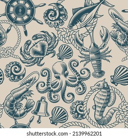 Vintage Monochrome Nautical Background With Seafood