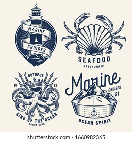 Vintage monochrome nautical badges with lighthouse seashell crab sailor hat poulpe with crown and crossed tridents isolated vector illustration