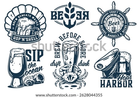 Vintage monochrome nautical brewing emblems set with beer mugs, seashells, crab, captain hat, anchor, barrel and helm for sea bar or ocean pub