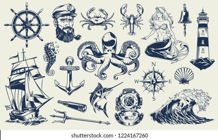 Vintage monochrome nautical elements set with sailor sea animals lighthouse mermaid ship diving helmet anchor compass poseidon trident isolated vector illustration