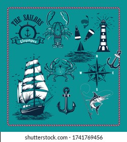 Vintage monochrome nautical elements set with sailor sea animals lighthouse mermaid ship diving helmet anchor compass poseidon trident isolated vector illustration