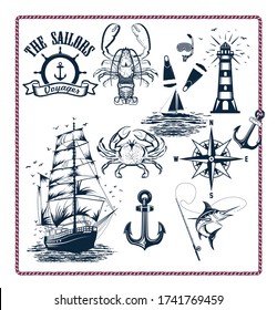 Vintage monochrome nautical elements set with sailor sea animals lighthouse mermaid ship diving helmet anchor compass poseidon trident isolated vector illustration