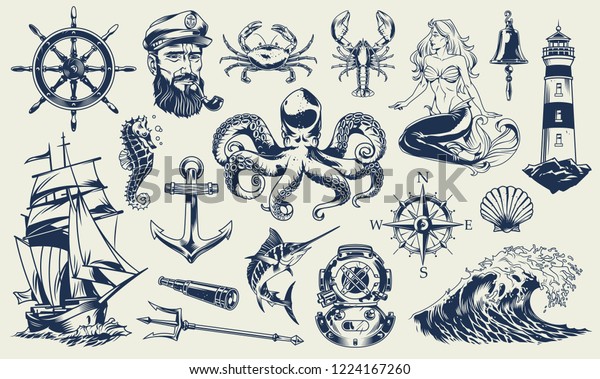 Vintage monochrome nautical elements\
set with sailor sea animals lighthouse mermaid ship diving helmet\
anchor compass poseidon trident isolated vector\
illustration