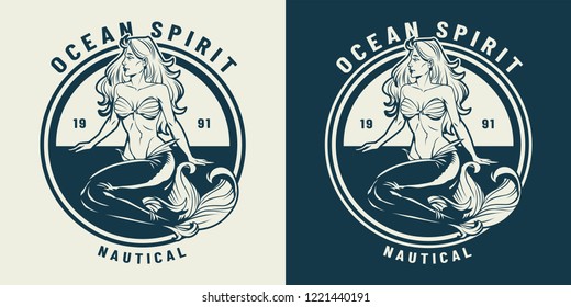 Vintage monochrome nautical emblem with beautiful mermaid isolated vector illustration