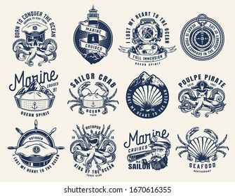 Vintage monochrome nautical emblems set with different marine creatures skull lighthouse diving helmet compass sailor sea captain hat ship wheel isolated vector illustration