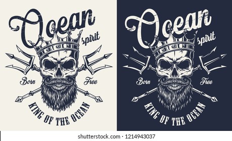 Vintage Monochrome Nautical Label With Skull In Crown And Crossed Poseidon Trident Isolated Vector Illustration