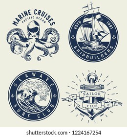 Vintage monochrome nautical labels with octopus ship sea wave anchor isolated vector illustration