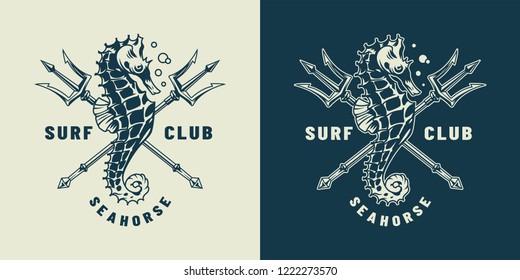 Vintage Monochrome Nautical Logo With Seahorse And Crossed Poseidon Tridents Isolated Vector Illustration