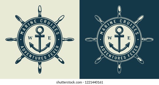 Vintage monochrome nautical logo with ship wheel and anchor isolated vector illustration