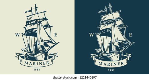 Vintage monochrome nautical and maritime logo with sailing ship isolated vector illustration