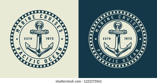 Vintage monochrome nautical round logo concept with metal anchor and inscriptions isolated vector illustration