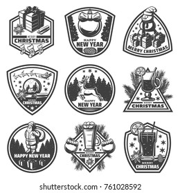 Vintage monochrome New Year labels set with gifts snowman Christmas balls globe deer drinks desserts spices Santa Claus isolated vector illustration