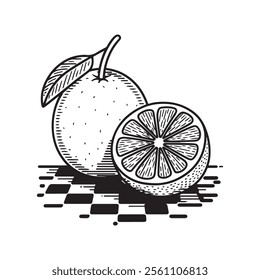 Vintage Monochrome Orange Slice Vector  Illustration for Citrus and Food design Projects on white background 