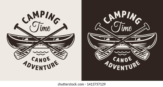Vintage monochrome outdoor adventure badge with canoe boat and crossed paddles isolated vector illustration