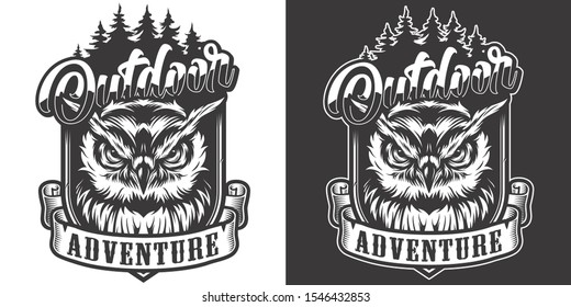 Vintage monochrome outdoor adventure label with angry owl on forest landscape isolated vector illustration - Shutterstock ID 1546432853