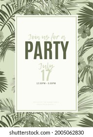 Vintage Monochrome Pale Plive Tropical Design With Exotic Monstera And Royal Palm Leaves And Hibiscus Flowers. Vector Illustration.