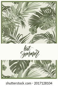 Vintage Monochrome Pale Plive Tropical Design With Exotic Monstera And Royal Palm Leaves And Hibiscus Flowers. Vector Illustration.