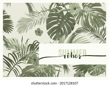 Vintage Monochrome Pale Plive Tropical Design With Exotic Monstera And Royal Palm Leaves And Hibiscus Flowers. Vector Illustration.