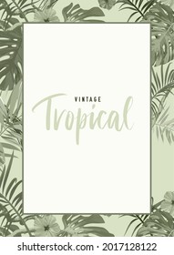 Vintage monochrome pale plive tropical design with exotic monstera and royal palm leaves and hibiscus flowers. Vector illustration.