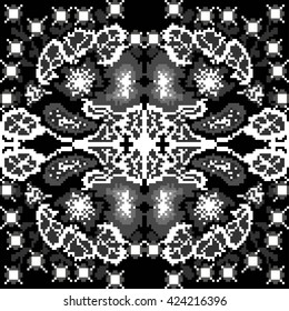Vintage monochrome patterns of pixels on a black background