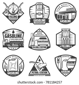 Vintage monochrome petrol station labels set with fuel gauge pump nozzles car refilling canister truck transporting gasoline isolated vector illustration    