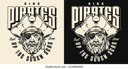 Vintage monochrome pirate face, wearing hat and eye patch marine logo isolated vector illustration