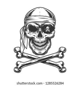 Vintage monochrome pirate skull with bandana eye patch and crossbones isolated vector illustration