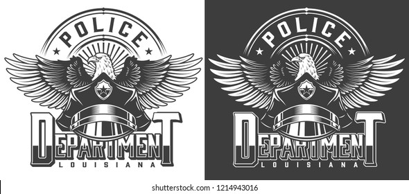 Vintage monochrome police label with inscriptions policeman hat and eagle isolated vector illustration