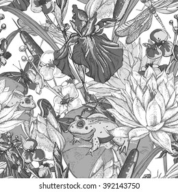 Vintage monochrome pond water flowers vector seamless pattern, Botanical shabby chic illustration iris, lily, frog, reeds, butterfly wildflowers dragonfly leaves and twigs 