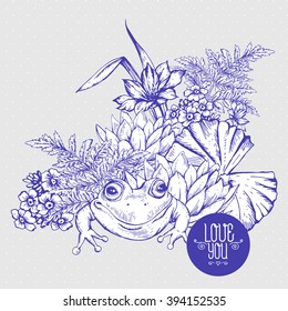 Vintage monochrome pond water flowers vector greeting card, Botanical shabby chic illustration iris, lily, frog, wildflowers leaves and twigs Floral design elements.