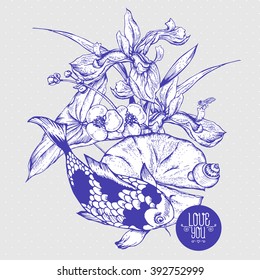 Vintage monochrome pond watery flowers vector greeting card, Botanical shabby chic illustration iris, lily, carp, snail leaves and twigs Floral design elements.