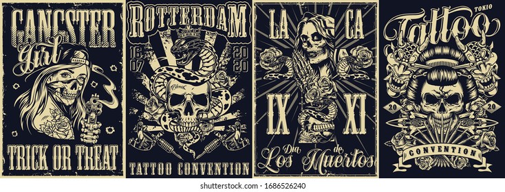 Vintage Monochrome Posters Collection With Tattoo Festival Gangster And Mexican Day Of Dead Covers Vector Illustration