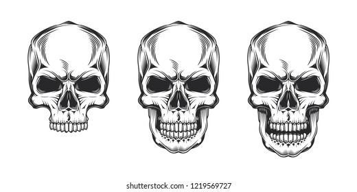 Vintage monochrome prints with skulls. Isolated vector illustration, on white background.