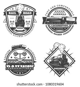 Vintage monochrome retro train emblems set with letterings locomotive railroad traffic light wagons isolated vector illustration