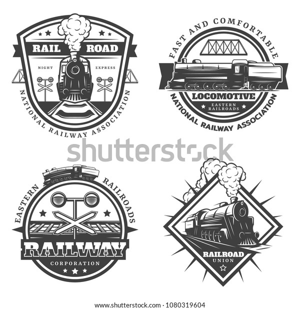 Vintage Monochrome Retro Train Emblems Set Stock Vector (Royalty Free ...