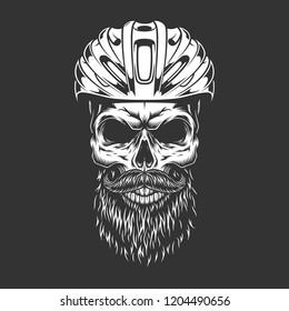 Vintage monochrome road cyclist bearded skull in helmet isolated vector illustration