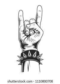 Vintage monochrome rock gesture concept with spiked bracelet on hand isolated vector illustration