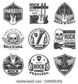 Vintage monochrome rock music labels set with inscriptions guitars skull microphones headphones wings hand gesture mediator isolated vector illustration