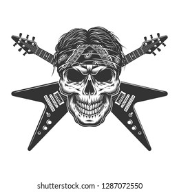 Vintage monochrome rock musician skull with crossed electric guitars isolated vector illustration