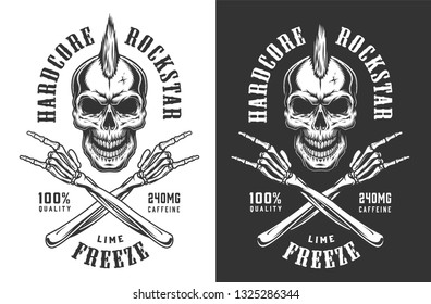 Vintage monochrome rock and roll emblem of skull with mohawk and skeleton hands showing rock signs isolated vector illustration