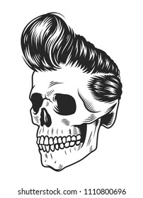 Vintage monochrome rock star skull template with modern hairstyle isolated vector illustration