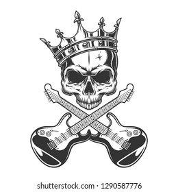 Vintage monochrome rocker skull in crown with crossed electric guitars isolated vector illustration