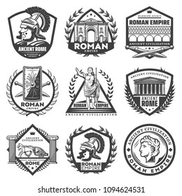 Vintage monochrome roman empire labels set with Caesar ancient buildings gladiator helmet sword shield chariot columns laurel wreathes isolated vector illustration