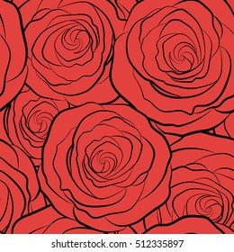 Vintage monochrome roses. Hand drawn vector seamless pattern in red colors.