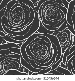 Vintage Monochrome Roses (hand drawn). Vector seamless pattern of abstract gray roses.