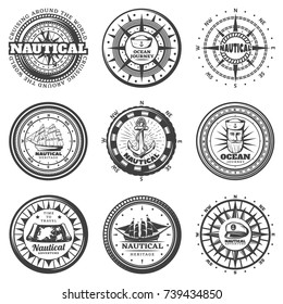 Vintage monochrome round nautical labels set with compass hats captain ship boat map anchor lifebuoy isolated vector illustration