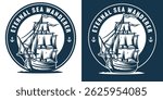 Vintage monochrome round nautical logo featuring sailing ship with open sails navigating ocean waves. Beer, sea, ocean, brewing, brew, nautical, marine.