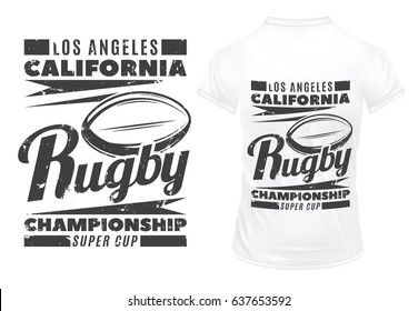 Vintage monochrome rugby print template with white jersey and black sport stylish lettering vector illustration